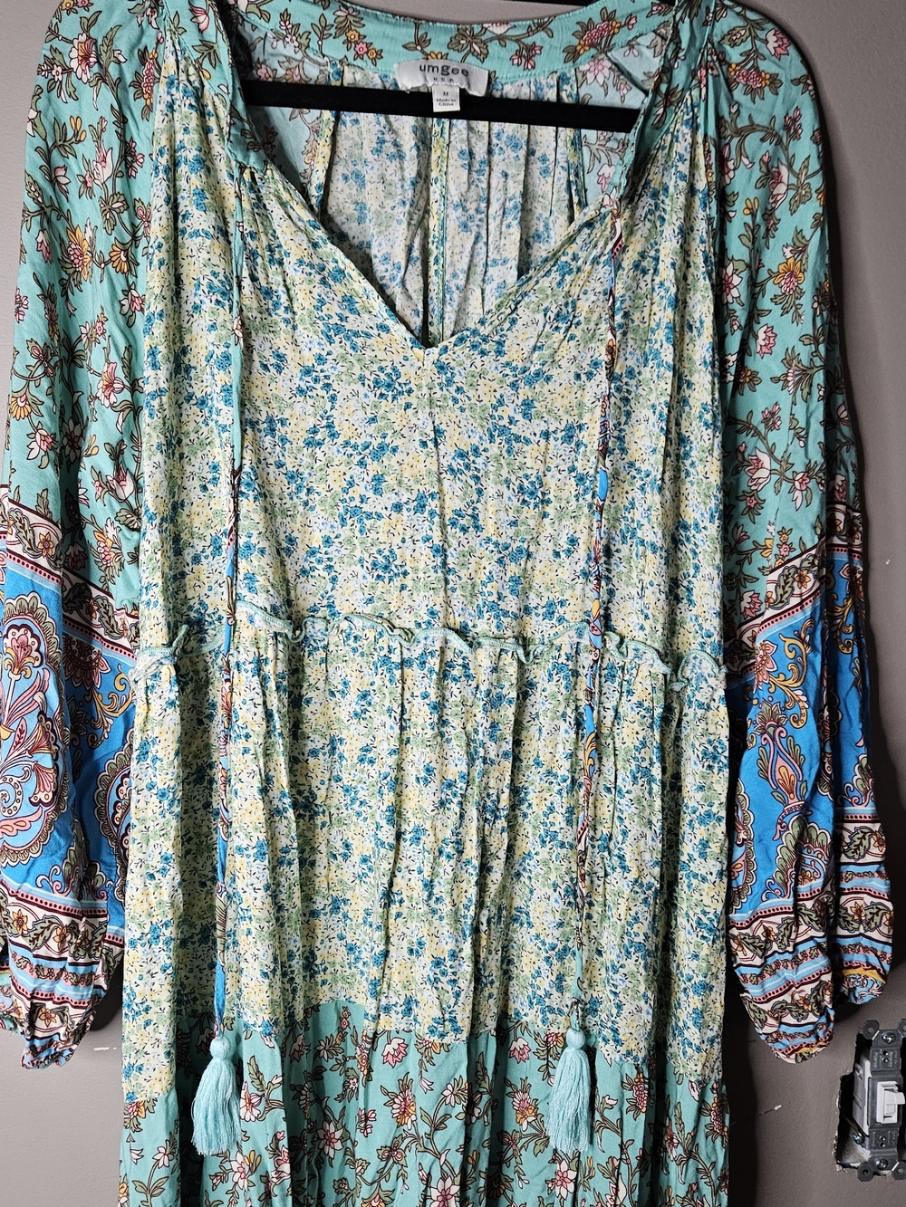 Womens Umgee Light Teal Floral Bohemian Maxi Dress Ptp 20.5" Size Medium - Picture 3 of 5